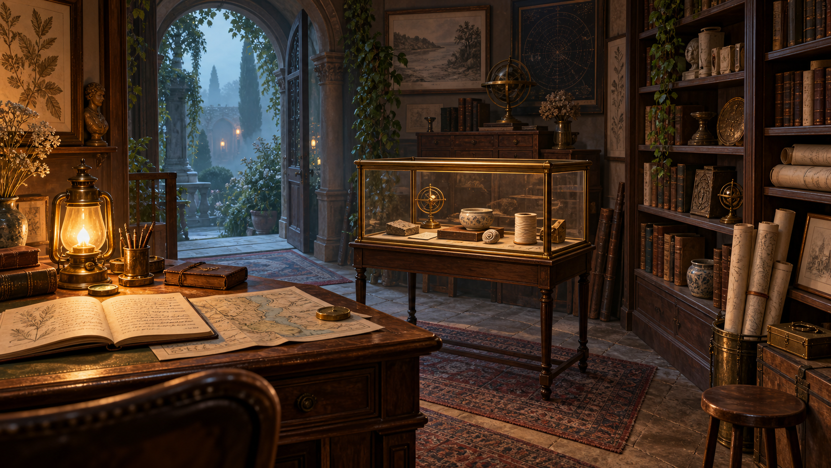 An imagined archive with a writing desk, display cabinet, and shelves of records.